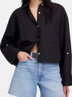Straight Hem Crop Linen & Cotton Button-Up Shirt